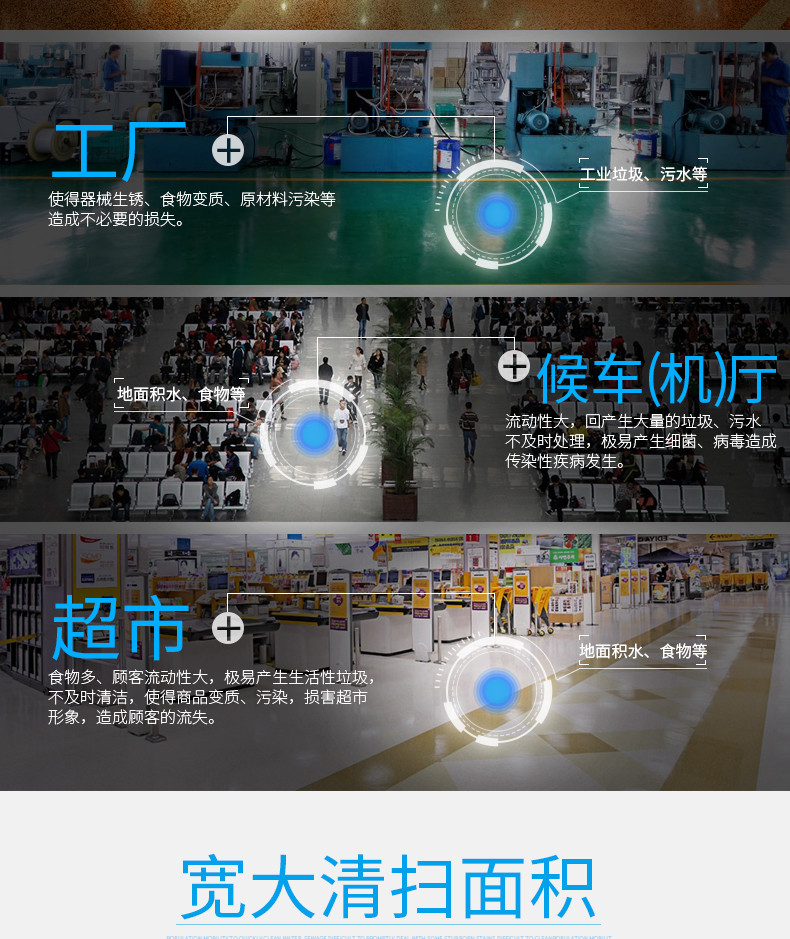 潔博士洗地機(jī)適用于超市、候車(chē)廳、工廠等場(chǎng)所